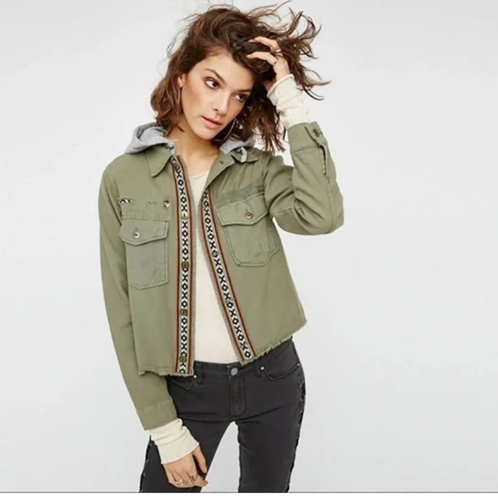 Free People Distressed Button Jacket Shirt
